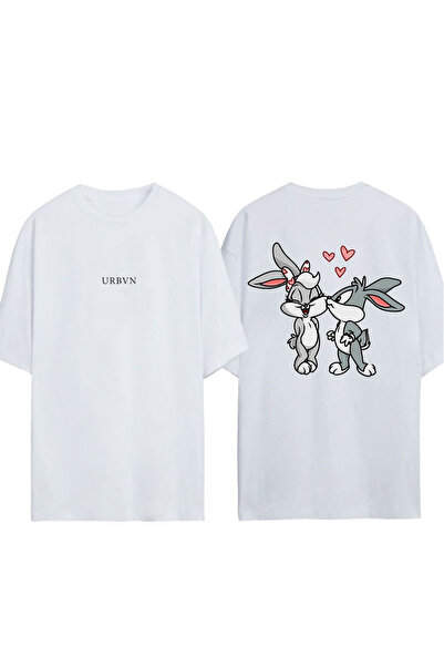 urbvn Rabbits Design Printed White Oversized T-Shirt