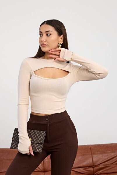 DİLARA GİYİM Ekru Göğüs Dekolteli Uzun Kollu Cut Out Crop Top Bluz