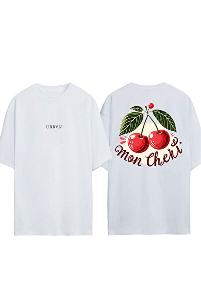 urbvn تي شيرت مون تشيري ديزاين مطبوع أبيض قصة فضفاضة