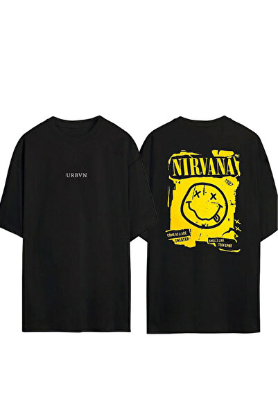 urbvn تي شيرت نيرفانا 3 تصميم مطبوع أسود قصة فضفاضة