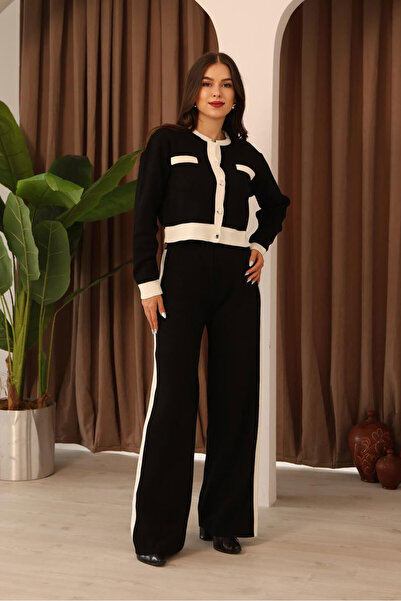 Nazline Women's Button Detailed Ornamental Pocket Knitwear Cardigan Pants 2-Piece Set