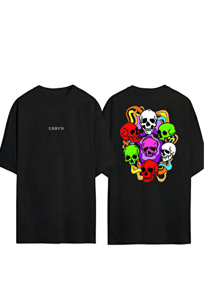 urbvn Tricou oversize negru cu imprimeu Rainbow Skulls Design