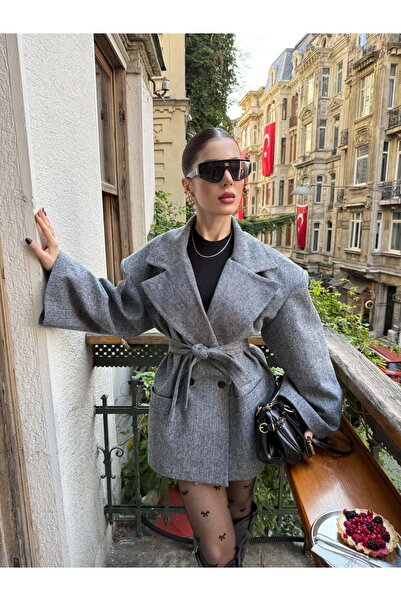 YK FASHION Apolet Detay Kuşaklı Kaban