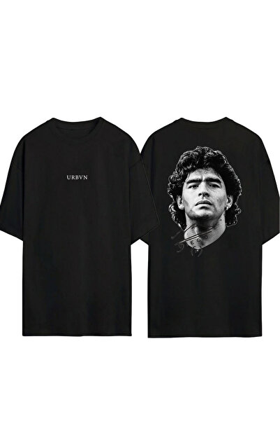 urbvn تي شيرت مارادونا ديزاين مطبوع أسود قصة فضفاضة