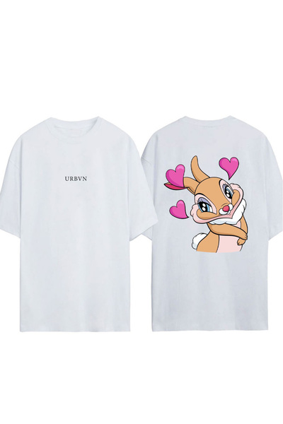 urbvn تي شيرت رابيت لاف ديزاين مطبوع أبيض قصة فضفاضة