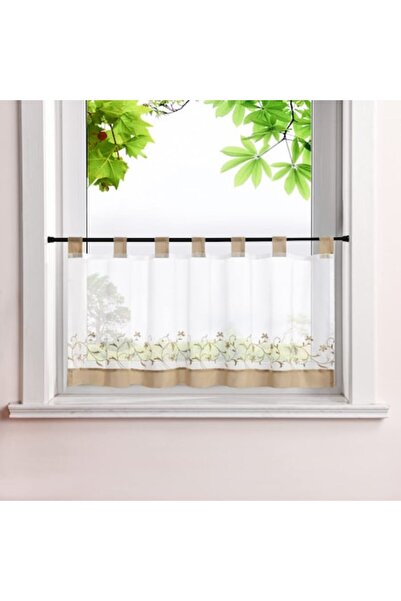 MIULEE Voile Curtain with Embroidered Flowers and Leaves, Heichkell, Country Style, Loop Top, 30x90 cm, Bro