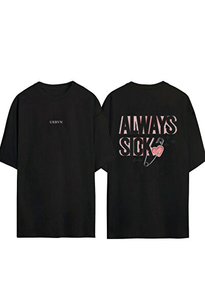 urbvn تي شيرت Always Sick Design مطبوع أسود قصة فضفاضة