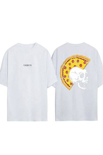 urbvn تي شيرت بتصميم جماجم البيتزا مطبوع أبيض قصة فضفاضة