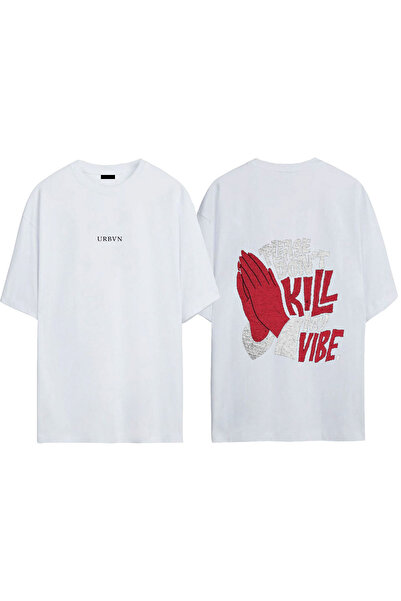 urbvn Tricou oversize alb cu imprimeu Kill My Vibe Design