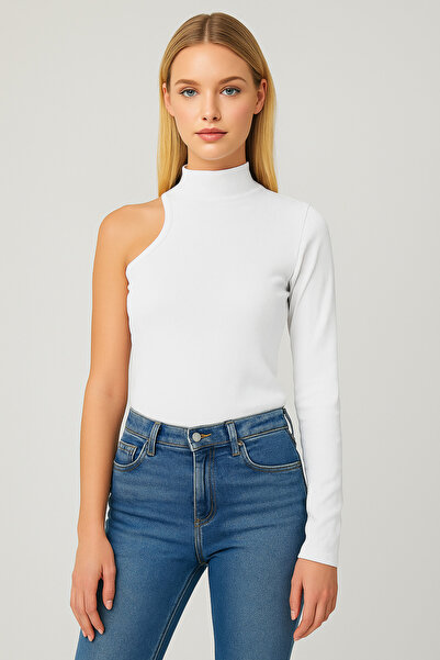 LACHT Women's White Single Sleeve Long Sleeve Mock Neck Blouse