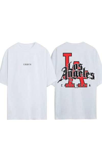 urbvn تي شيرت لوس أنجلوس ديزاين مطبوع أبيض قصة فضفاضة