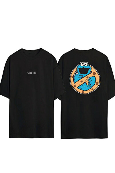 urbvn تي شيرت كوكي مونستر تصميم مطبوع أسود قصة فضفاضة
