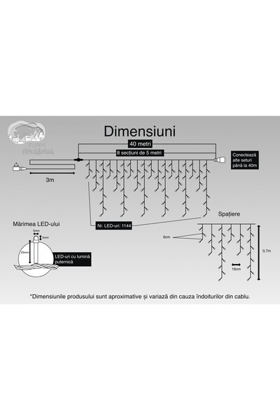 OEM Instalatie Craciun, 40 m, 1144 Led-uri ,Franjuri, Alb cald, Flash, Transformator, Interconectabila