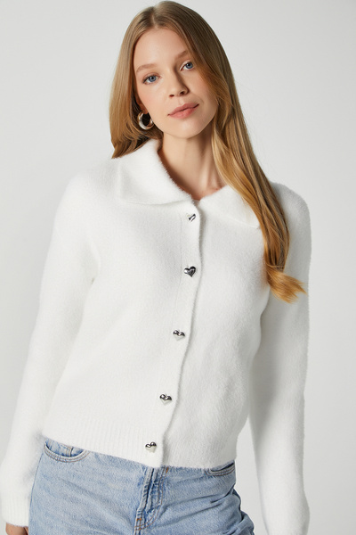 Ritnice Kadın Date Yumuşak Sakallı Kalp Düğmeli Polo Yaka Ekru Triko Hırka