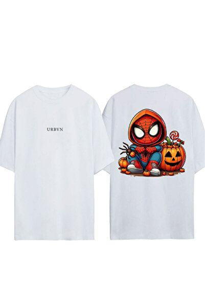 urbvn Halloween Spider Design Printed White Oversized T-Shirt