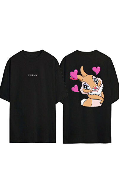 urbvn تي شيرت رابيت لوف ديزاين مطبوع أسود قصة فضفاضة