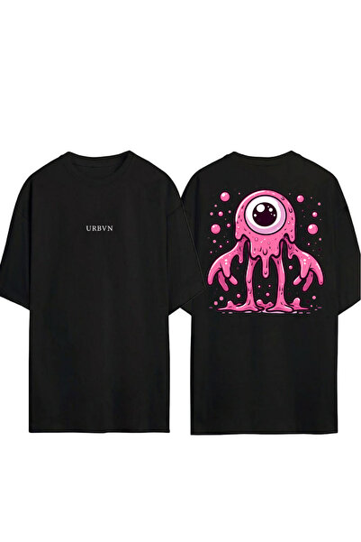 urbvn تي شيرت بتصميم وردي مونستر مطبوع أسود قصة فضفاضة