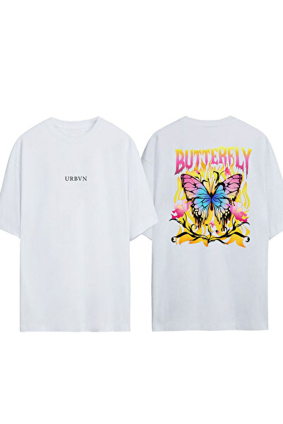 urbvn تي شيرت بتصميم الفراشة 5 مطبوع أبيض قصة فضفاضة