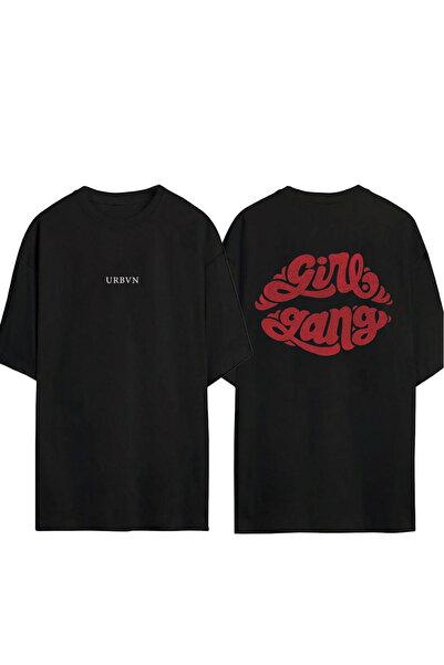 urbvn تي شيرت Girl Gang Design مطبوع أسود قصة فضفاضة