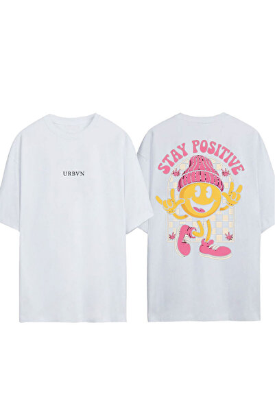 urbvn Tricou supradimensionat alb cu imprimeu Stay Positive Design