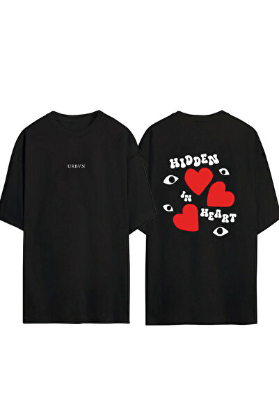 urbvn تي شيرت بتصميم قلب مخفي مطبوع أسود قصة فضفاضة