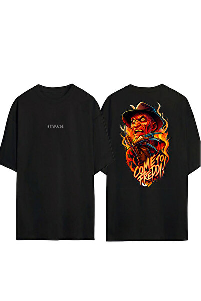 urbvn تي شيرت فريدي ديزاين مطبوع أسود قصة فضفاضة