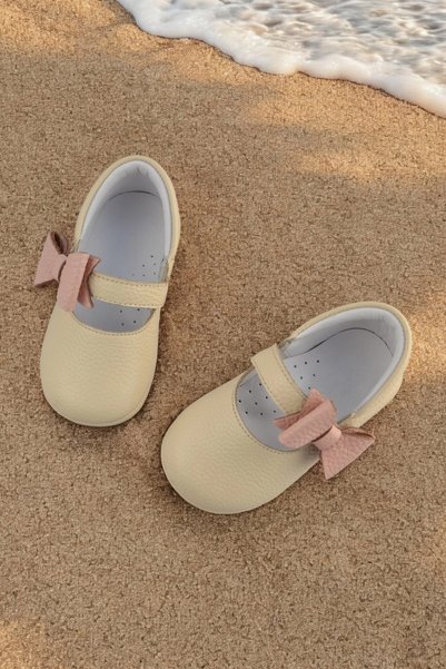 Cevoclub kids Genuine Leather Ballet Orthopedic Ilkadım Baby Shoes Beige Cv-477