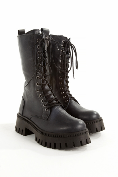 LUNA SHOES Дамски ботуши от естествена кожа, черни, с дълги връзки и дебела п...