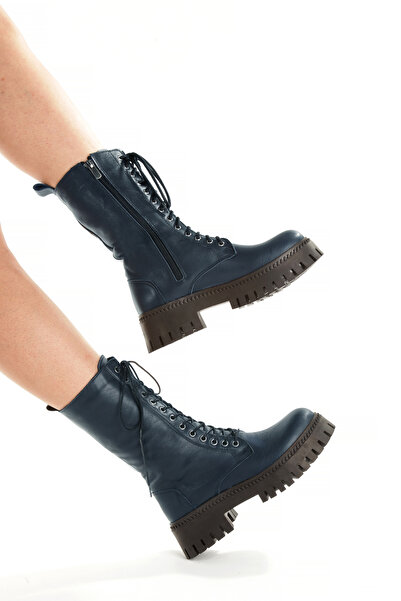 LUNA SHOES Hakiki Deri Lacivert Uzun Bağcıklı Kalın Taban Kadın Bot – Şık ve Dayanıklı Kış Modası