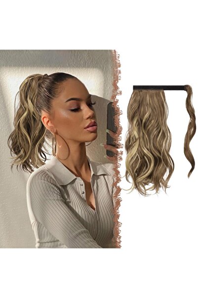 OEM Extensie coadă de cal FESHFEN, păr ondulat, 35 cm, rezistent la căldură, șuvițe blonde, castaniu deschis