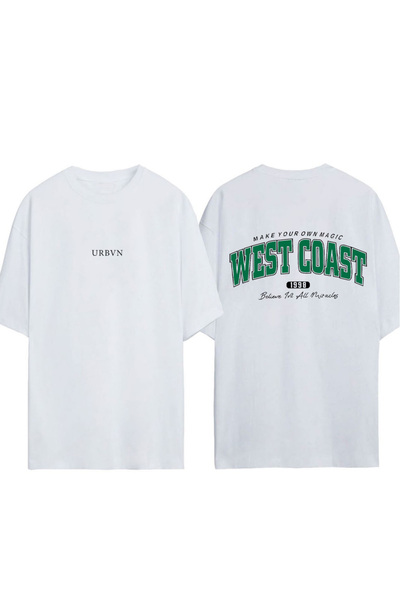 urbvn تي شيرت أبيض كبير الحجم مطبوع بتصميم الساحل الغربي
