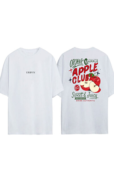 urbvn تي شيرت أبل كلوب ديزاين مطبوع أبيض قصة فضفاضة