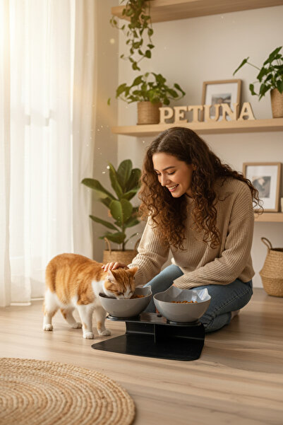 İki Hazneli Kedi Kafalı Siyah Standlı Kedi Mama ve Su Kabı 350 ML