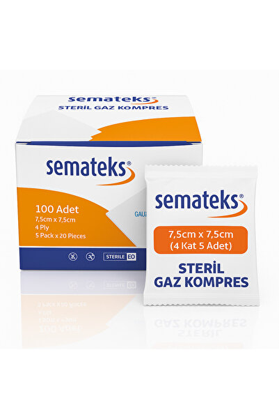 SEMATEKS Steril Pamuklu Dokuma Gaz Kompres Spanç | 7,5cm x 7,5cm | 4 Katlı | 100'lü (5'li Zarf x 20) 1 Kutu
