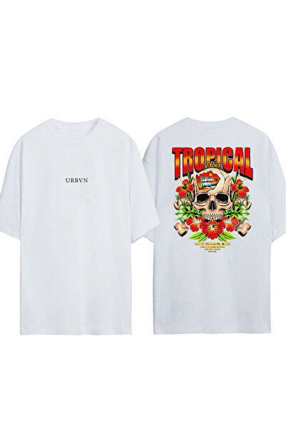 urbvn Μπλουζάκι με στάμπα Tropical Vibes Design σε λευκό χρώμα και oversized ...