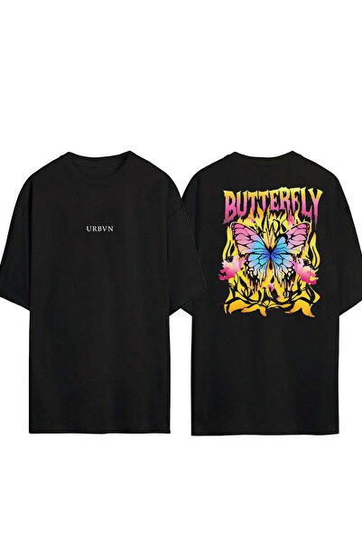 urbvn تي شيرت بتصميم الفراشة 5 مطبوع أسود قصة فضفاضة