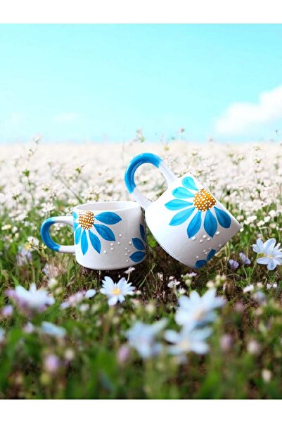 aktas seramik Mavi Çiçek Desenli El Çizimi 2'li Seramik Kupa Bardak