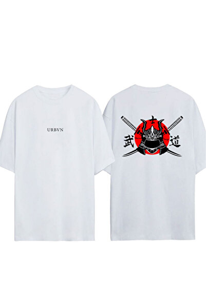urbvn تي شيرت ساموراي 1 تصميم مطبوع أبيض قصة فضفاضة