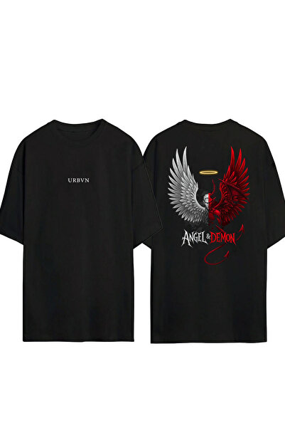 urbvn Angel Demon 3 Design Printed Black Oversized t Shirt