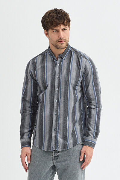Cosplay Erkek Dikine Çizgili Button Down Yaka Melanj Kışlık Pamuk Gömlek