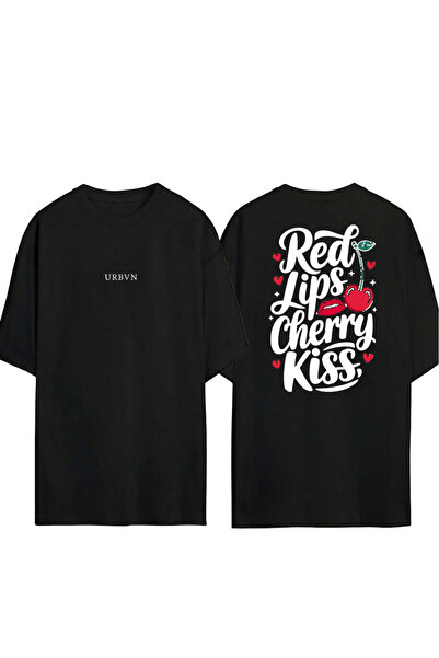urbvn Red Lips Design Printed Black Oversized t Shirt