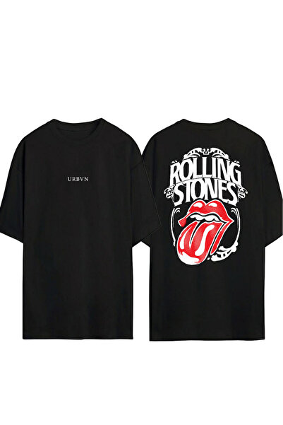 urbvn تي شيرت رولينج ستونز 7 تصميم مطبوع أسود قصة فضفاضة