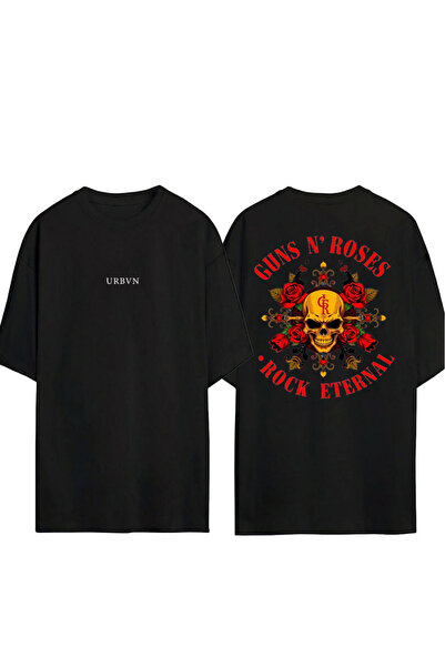 urbvn تي شيرت روك إيترنال ديزاين مطبوع أسود قصة فضفاضة