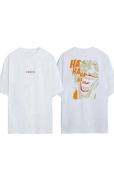 urbvn تي شيرت جوكر هاها تصميم مطبوع أبيض قصة فضفاضة