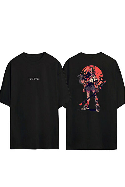 urbvn تي شيرت ساموراي جيرل تصميم مطبوع أسود قصة فضفاضة