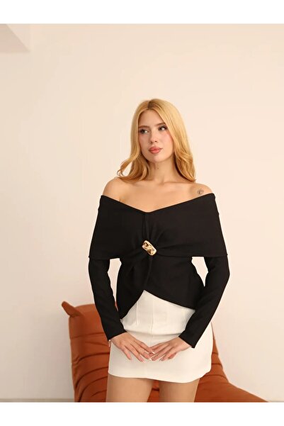 HARMONY GLOBAL Women's Buckled Madonna Shawl Collar Black Ottoman Blouse – Asymmetrical Cut, Women's Top with Brooch 387