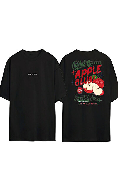 urbvn تي شيرت أبل كلوب ديزاين مطبوع أسود قصة فضفاضة