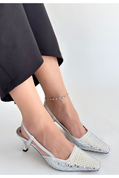 alfaze Open Back Belted Heeled Shoes Skin Silver Heel Height 8 cm