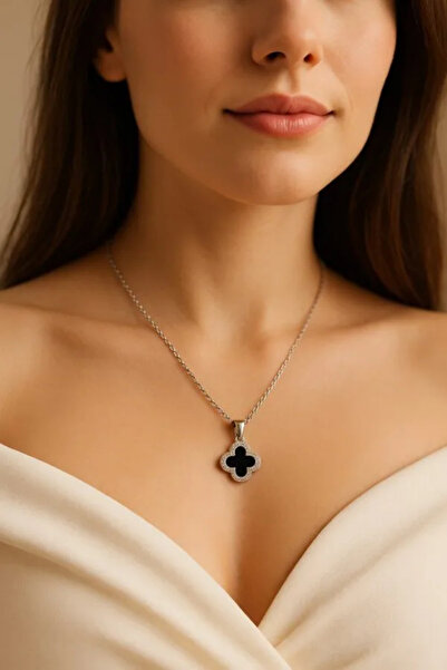 Genel Markalar Gümüş Renk Çift Yönlü Van Cleef Kolye Önü Beyaz Arkası Siyah S...