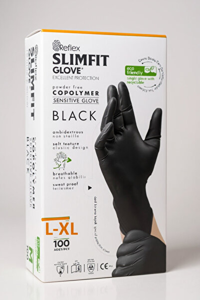 Reflex Slimfit Copolymer Siyah Pudrasız Eldiven L Beden 100'Lü